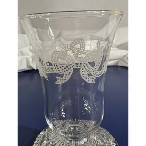 Vtg Holiday Themed Glass Candle Sconce Etched Winter Theme Bow & Holly